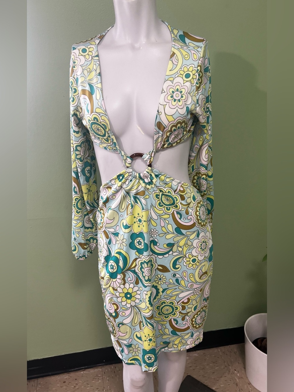 Almost Famous Floral Ring-Cutout Long Sleeve Dress in Sage, Yellow & Teal